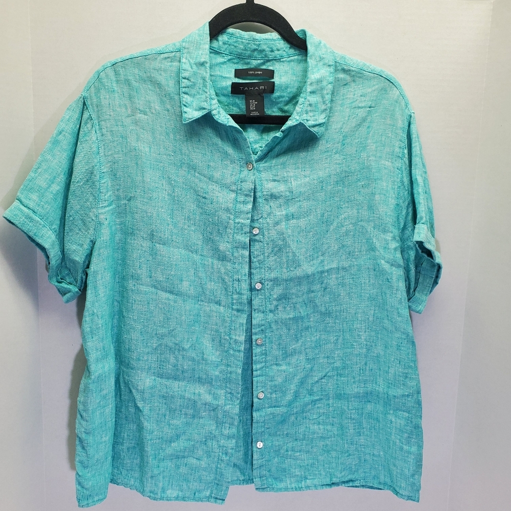 Tahari Linen Button Down Teal Womans M